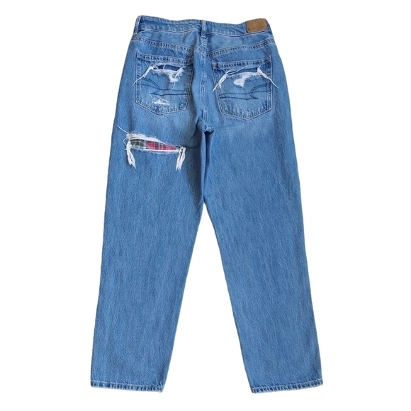 American Eagle Mom Straight Jean Distressed Plaid Panels 100% Cotton Retro-Look - Picture 3 of 14